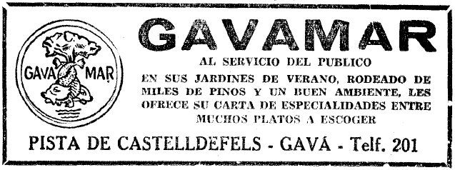 Anuncio del Restaurante Gavamar de Gav Mar publicado en el diario LA VANGUARDIA (3 de Julio de 1958)